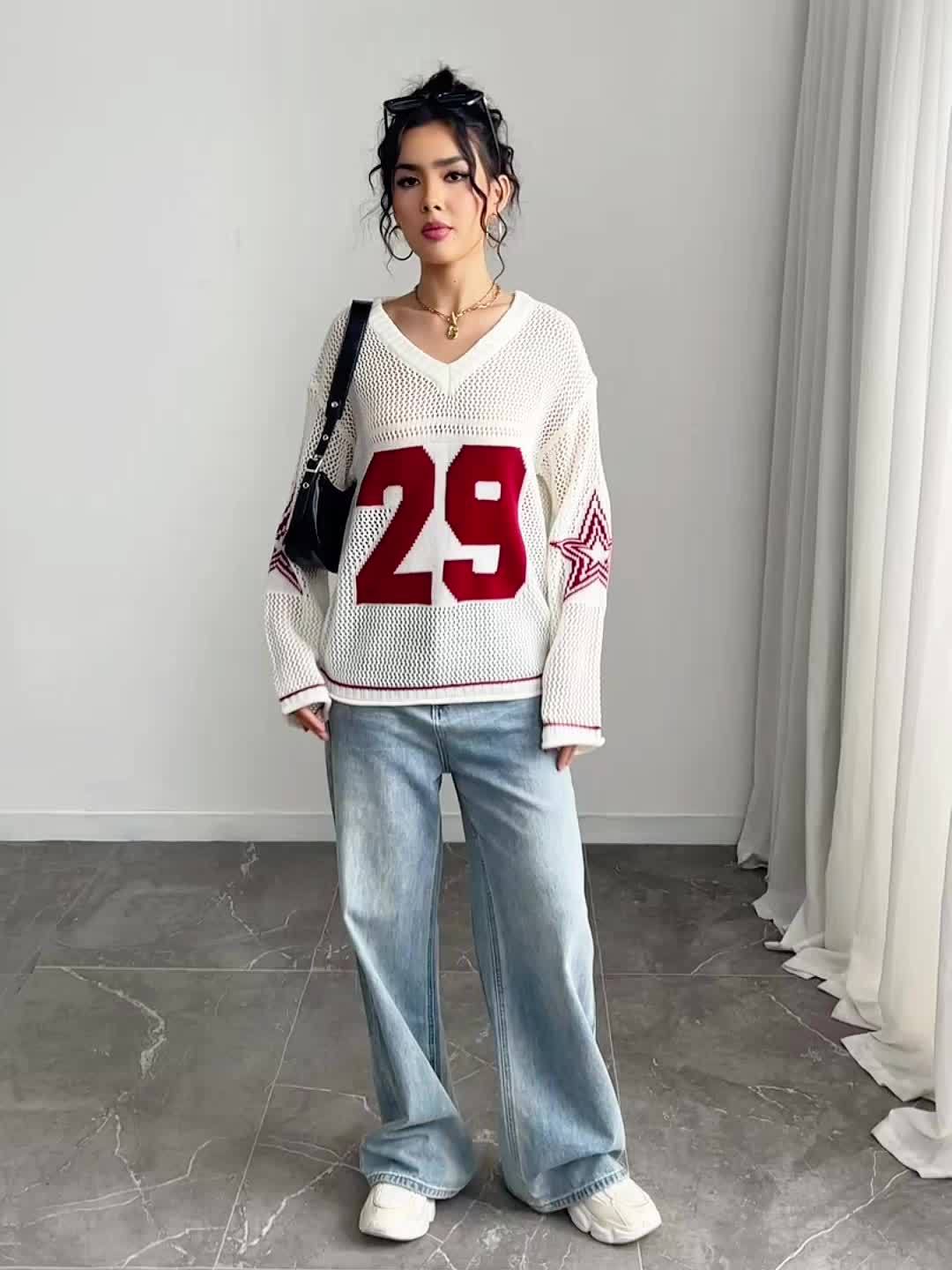 Elegant Women's V-Neck Knit Sweater - Long Sleeve, Color Block with "ESP" Lettering & Star Pattern, Semi-Sheer Acrylic Pullover for Summer, Hand Wash or Dry Clean, White & Red Design, Ladies Sweaters